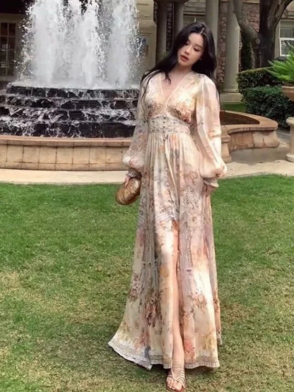 Elegant plus Size Women's Summer Vacation Style Printed Dress High Waist Embroidery V-Neck Long Skirt Lantern Sleeve