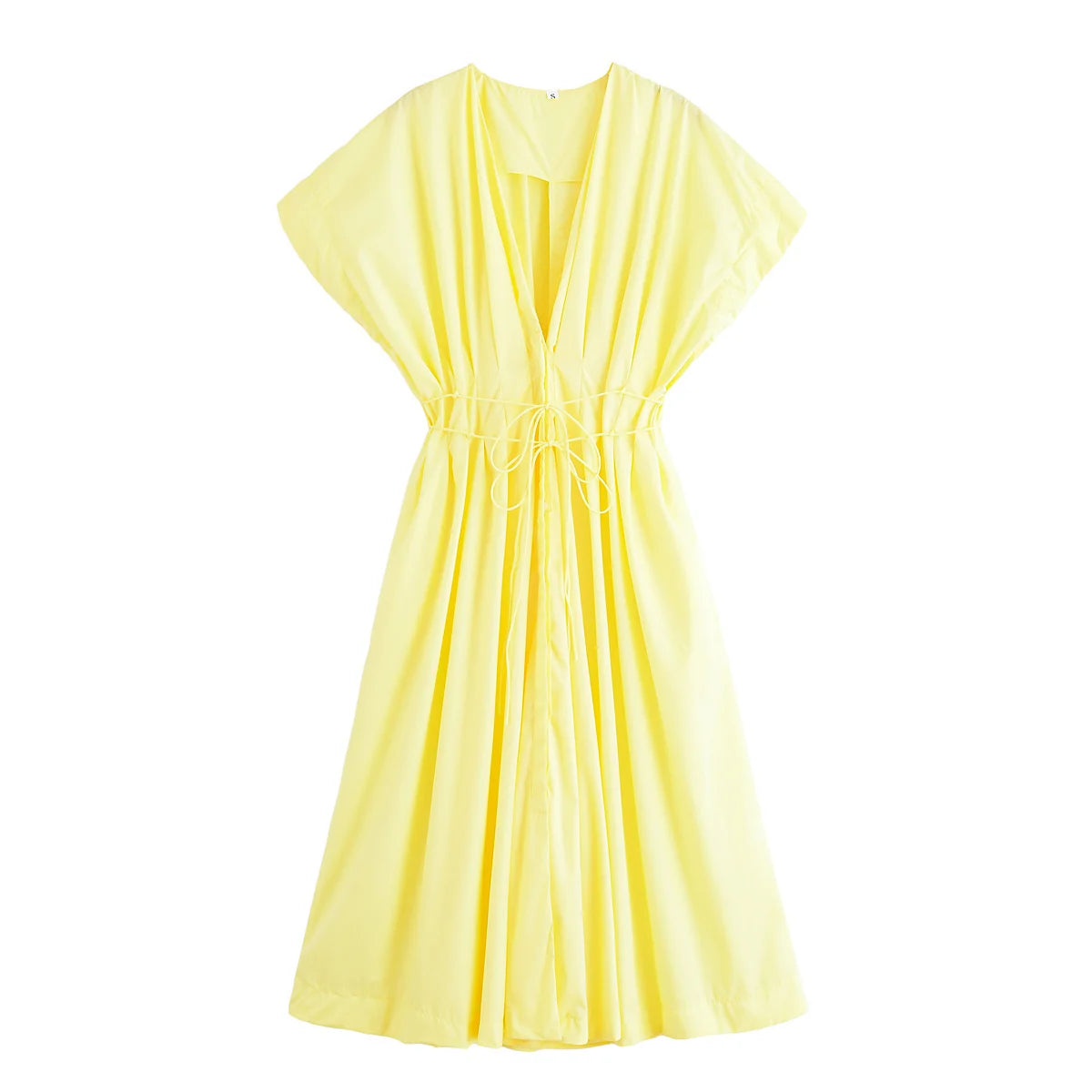 HH Women's Summer Fashion V-neck Lace-up Midi Short Sleeve Dress Female Elegant Backless Pleated Sexy Waist Long Dress
