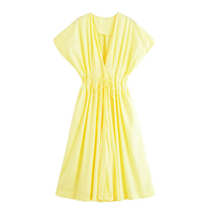 HH Women's Summer Fashion V-neck Lace-up Midi Short Sleeve Dress Female Elegant Backless Pleated Sexy Waist Long Dress
