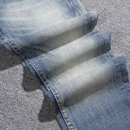 Hombrefashion Y2K Men's Slim Fit Jeans Light Blue Nostalgic Stretch Designer High-Quality Pants for Laundry