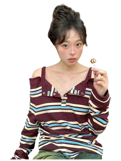 plus Size Women's Autumn Long Sleeve Striped T-Shirt Slimming Stylish Trendy Girl Style Top V-Neck Regular Thickness