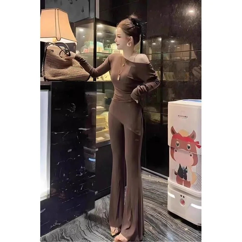 Elegant Pure Desire Style Long Sleeve T-Shirt Set for Women Casual High Waist Pants Slimming Loose Fit Spring Autumn Wear
