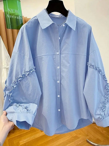 New Elegant Blue Lace trim on Sleeve Button Shirt Loose Long Sleeve Blouses Korean Popular Women's Clothes Large Size Top Autumn