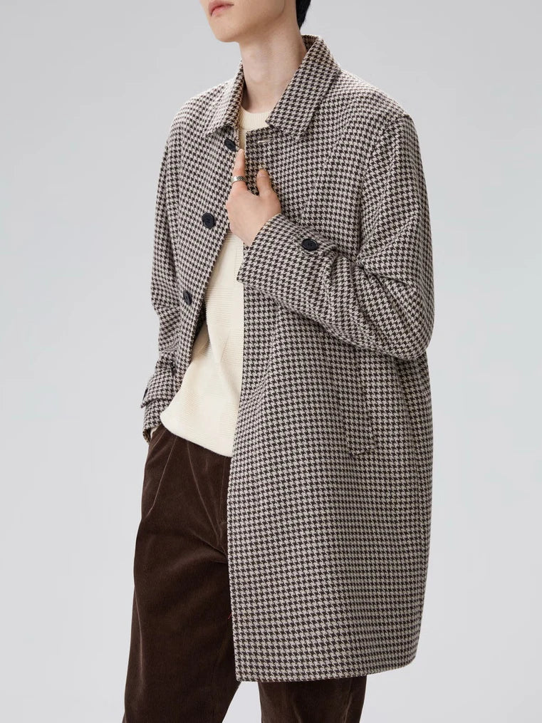 Retro Bird Pattern Woolen Coat Men's Mid-Length Turn-down Collar Classic Style Outerwear Fashionable Urban Youth Winter Jacket