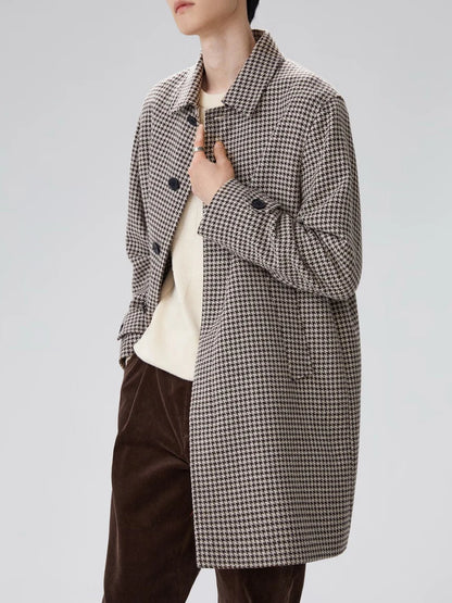 Retro Bird Pattern Woolen Coat Men's Mid-Length Turn-down Collar Classic Style Outerwear Fashionable Urban Youth Winter Jacket