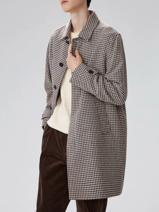 Retro Bird Pattern Woolen Coat Men's Mid-Length Turn-down Collar Classic Style Outerwear Fashionable Urban Youth Winter Jacket