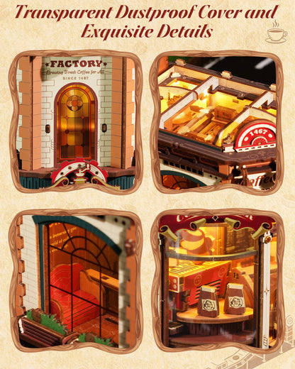 ROKR Wooden 3D Puzzle Dream Coffee Factory Music Box Model Building Kit 593-piece DIY Miniature House Kit with LED Light Unique Home Decor Gift for Adults Women
