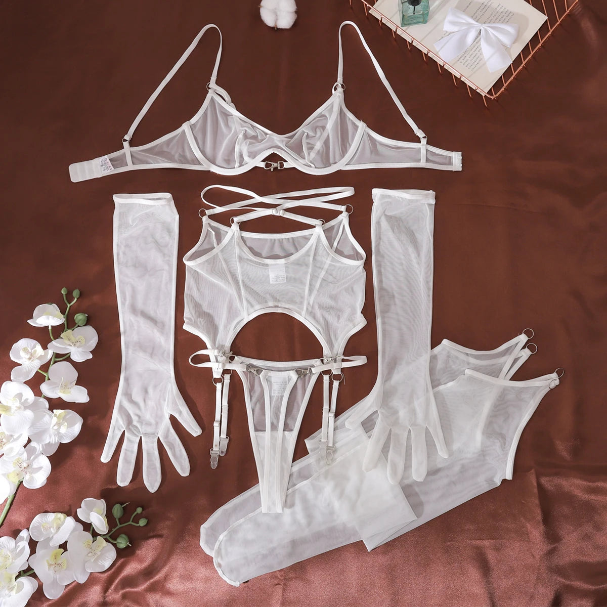 Ellolace Solid Women's Lingerie Sets Seductive See Through Bra Belt Thong 3PC with glovs stockings Sissy Sexy Women's Underwear