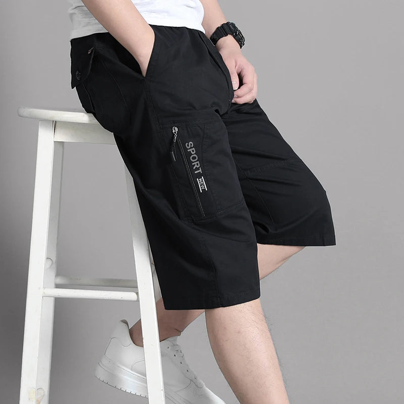 Summer Zipper Pocket Workwear Shorts Mens Knee Cargo Pants 2026 Cotton Shorts Men Climbing Jogger Elastic Waist Sports Work Wear