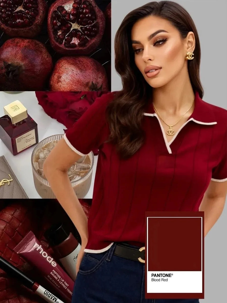 Brown Contrast White Trim Knit Polo Top for Women Short Sleeve V Neck Slim Fit Casual Knitwear