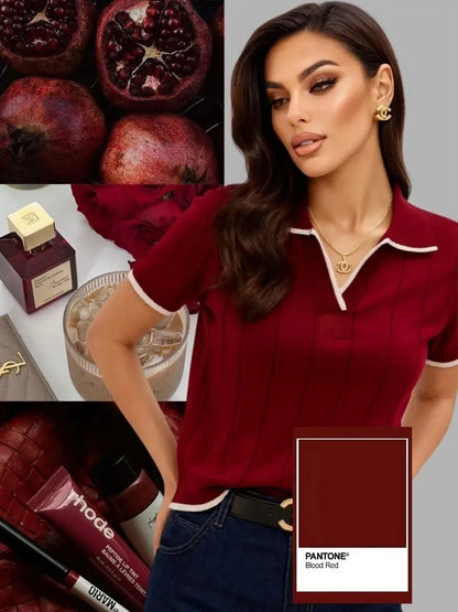Brown Contrast White Trim Knit Polo Top for Women Short Sleeve V Neck Slim Fit Casual Knitwear