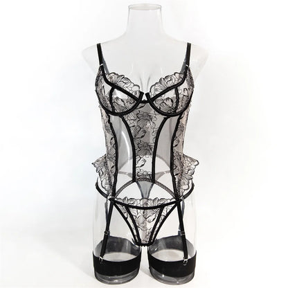 InstaBay Luxury Embroidery Lingerie 3 Piece Sets Sexy Mesh Patchwork Corsets And Panties Outfits With Stockings Erotic Outfits