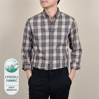 Premium Lyocell Fabric New Fashion Slim Fit Mens Shirts Checkered Business Breathable Plaid Casual Button Down Long Sleeve Top