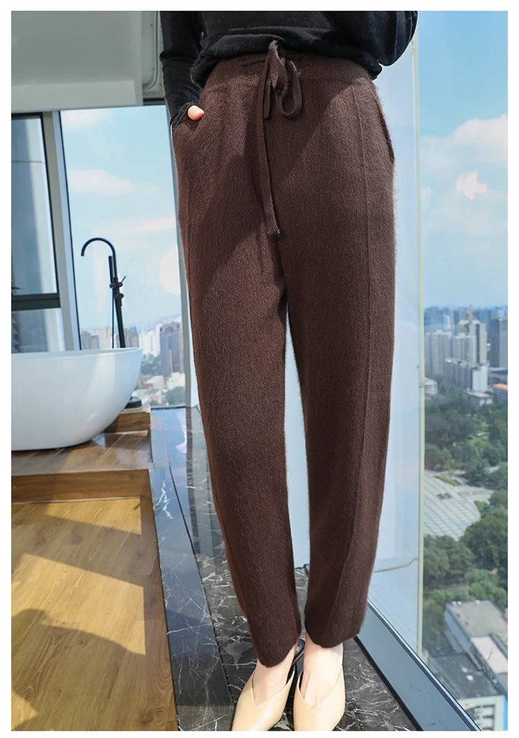 100% mink wool knitted high-waisted pencil pants women's casual autumn and winter new warm solid color thick cashmere pants