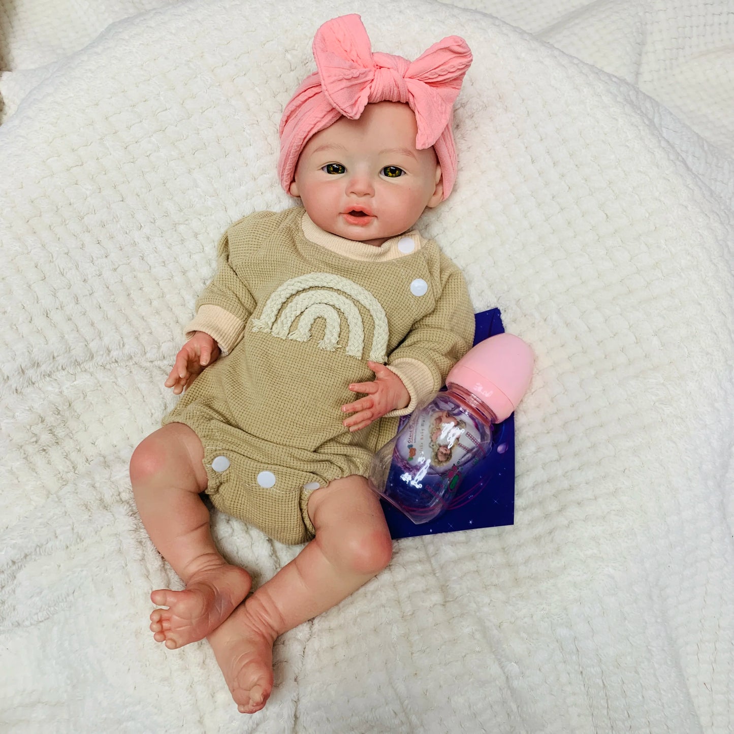18 Inch Full Soft Silicone Reborn Girl Doll, Open Mouth Newborn with Pink Bow Headband, Real Touch Handmade Collectible Gift Toy