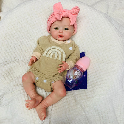 18 Inch Full Soft Silicone Reborn Girl Doll, Open Mouth Newborn with Pink Bow Headband, Real Touch Handmade Collectible Gift Toy
