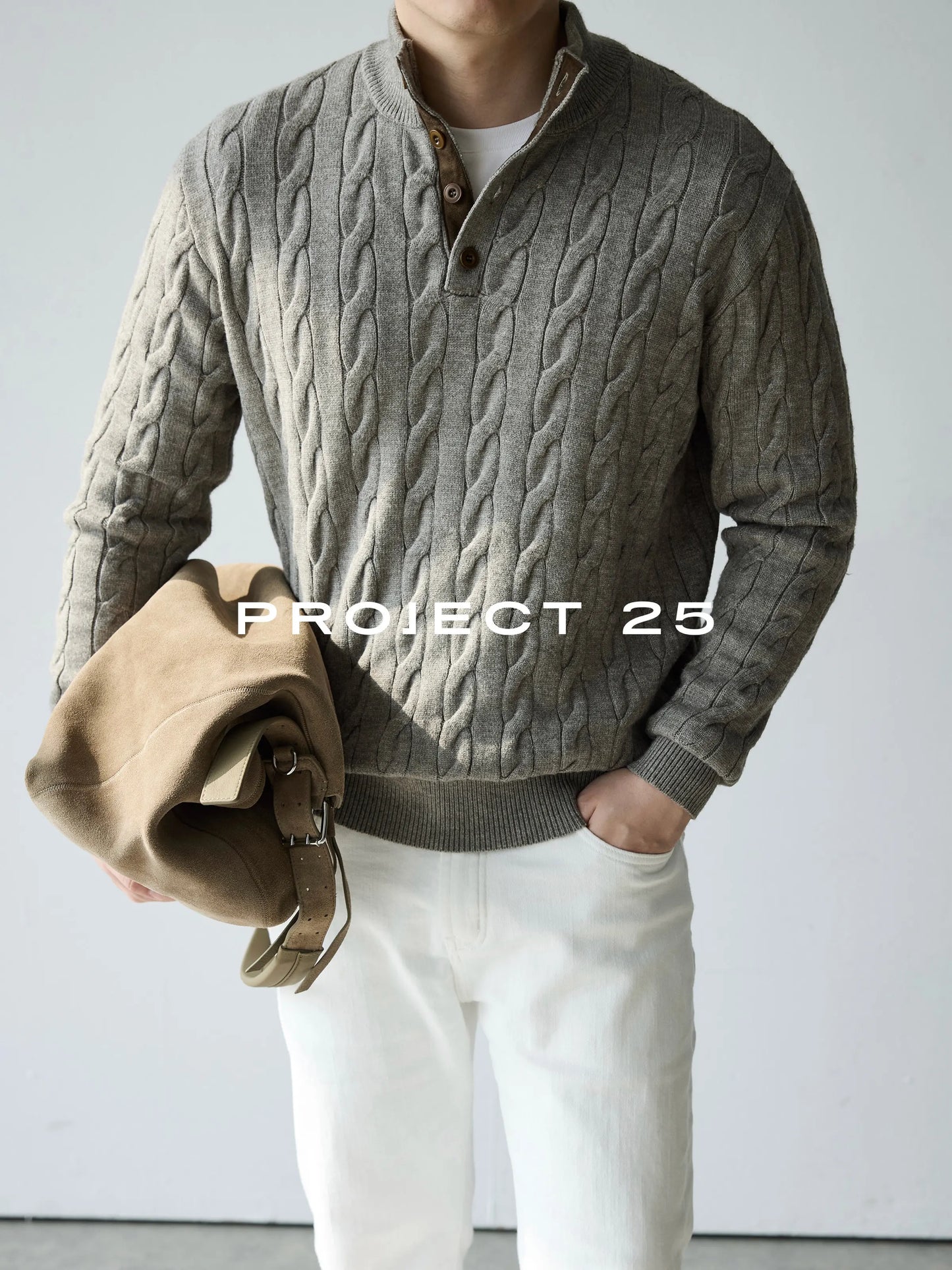 PROJECT 25 Men's American Heritage 4-Button Stand Collar Cable Knit Sweater – Premium Wool Business Casual Pullover