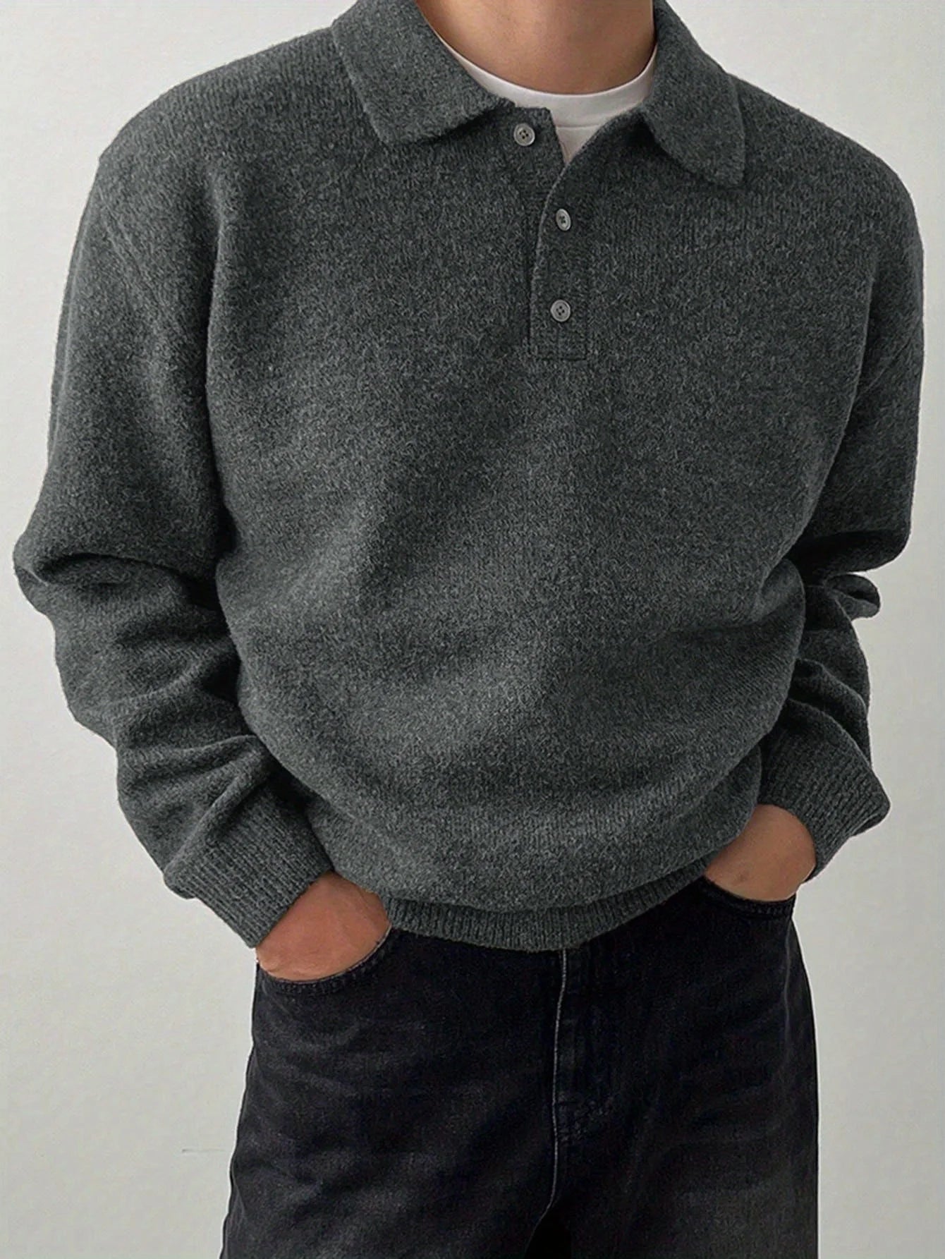 LVLAEA Solid Color Men Fall Winter Loungwear Shirt Long Sleeve Lapel Buttonup Collar Old Money Style Loose Warm Fashion Pullover