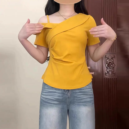 plus Size Slim Fit Short Sleeve Cross Neck Shoulder Bared T-Shirt Casual Style Versatile Summer New Arrival Women's Top