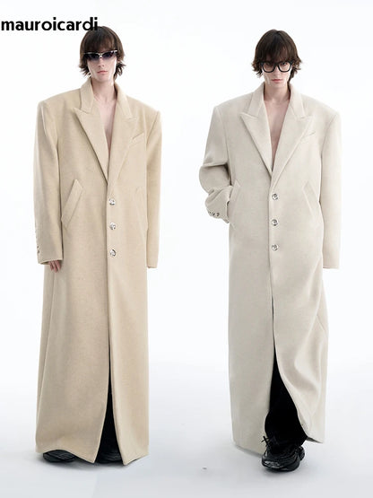 Mauroicardi Autumn Winter Oversized Extra Long Warm Black Wool Blends Coat Men Luxury Designer Floor Length Woolen Overcoat 2024