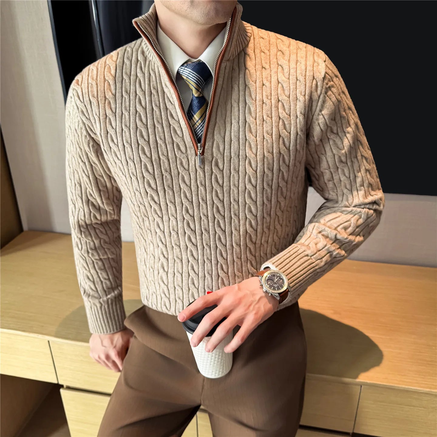Men's Wool Quarter-Zip Sweater, All Day Warm Cable Knit, Old Money Style for Smart Casual, Gray and Beige Colors Available