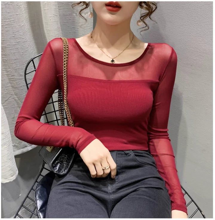 Autumn Winter Round Neck T shirt Women Sexy Mesh Bottoming Shirt Long Sleeve Solid Color Slim Fit Long Sleeve Casual Tops