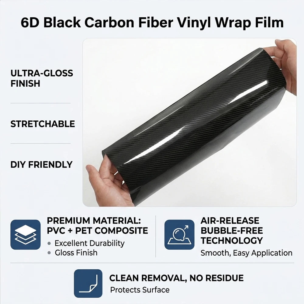 Glossy PET 6D Carbon Fiber Black Car Vinyl Wrap Film Self Adhesive Carbon Fiber Car Roof Color Change Decor Film Air Bubble Free
