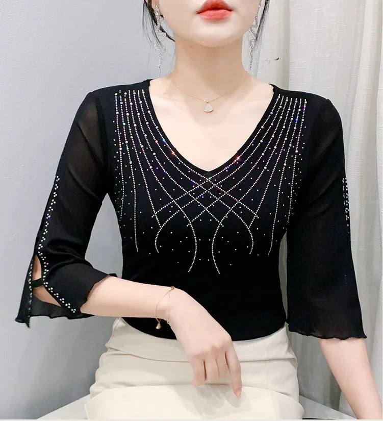 2026 Spring Summer Mesh Tops Korean Fashion Diamond T Shirt Slim 3/4 Sleeve Hollow Out Casual Women Shirt