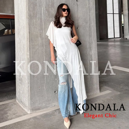 KONDALA Unique Chic Asymmetrical Hem Tops Women Elegant High Neck Long Tops 2026 Spring Summer Trendy High Street Lady Long Tops