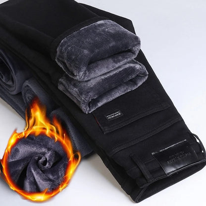 2025 Winter New Style Men's Black Straight Thick Jeans Fashionable Business Velvet Warm Denim Pants Fleece Hot Casual Pants