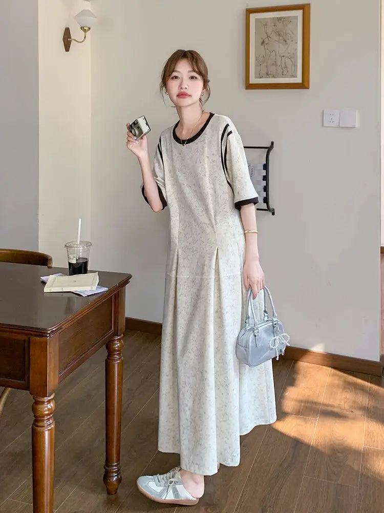 plus Size 300 Pounds Korean Style Slim Short Sleeve Dress Women's Loose Summer Age-Defying Lazy Style T-Shirt Dress