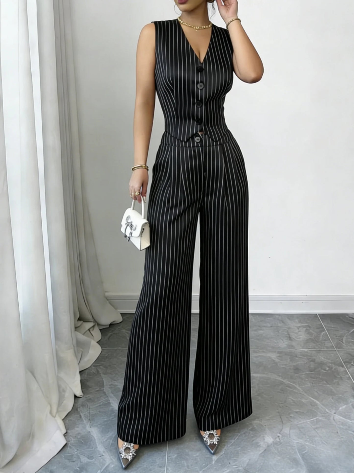 Women's Pinstripe Elegant Trouser Set Sleeveless V Neck Button Vest High Waist Wide Leg Pants Two Piece Set Spring Summer Outfit