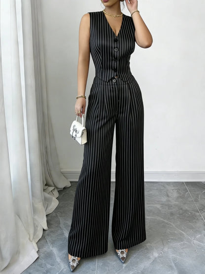 Women's Pinstripe Elegant Trouser Set Sleeveless V Neck Button Vest High Waist Wide Leg Pants Two Piece Set Spring Summer Outfit