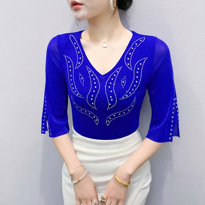 2026 Spring Summer Mesh Tops Korean Fashion Diamond T Shirt Slim 3/4 Sleeve Hollow Out Casual Women Shirt