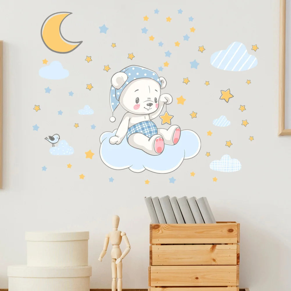 Cartoon Bear Moon Cloud Luminous Wall Sticker Baby Kids Room Bedroom Decoration Wallpaper Glow In The Dark Home Decor Stickers