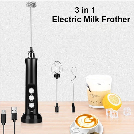 3 in 1 Electric Milk Frother Cordless Portable Stirring Whisk 3 Speeds Milk Foam Maker Coffee Cappuccino with Type-C Charge Base