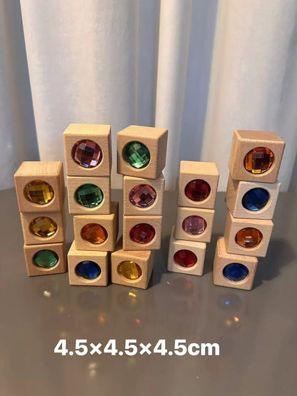 New Kids Acrylic Sparkling 6 sides 3D Gems Wooden Blocks Toy Rainbow Lucite Crystal Steps Building Play Birthday Gift