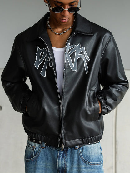 Men's High Street Faux Leather Jacket Retro Windproof Warm Coat Men Letter Print Lapel Collar Motorcycle Street Style Outerwear