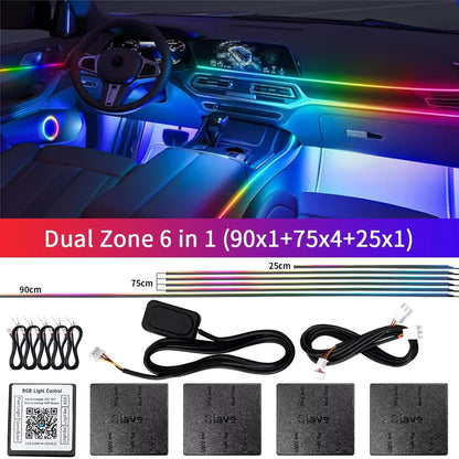 18 in 1 Dual Zone Symphony Streamer Car Ambient Light RGB 64 Colors Interior Rainbow Acrylic Strip Atmosphere Lighting kit App
