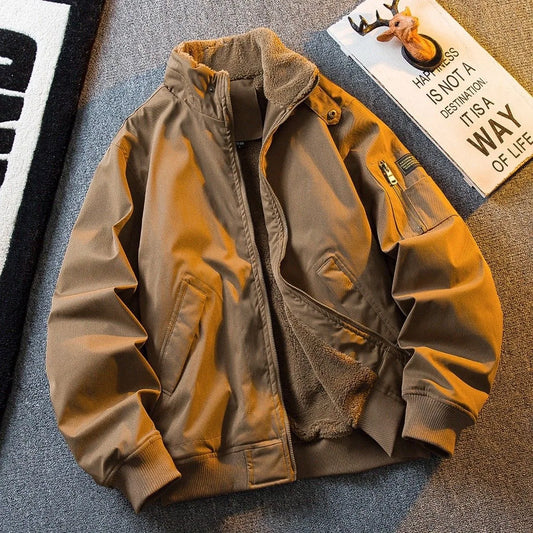 Men's Thickened Fleece Lined Flight Jacket Winter Warm Military Style Workwear Cotton Coat Outerwear Cleanfit Long Sleeve