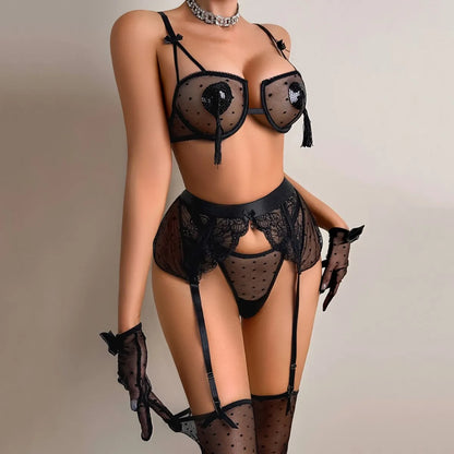 Bow decoration, see through lace gathering, top support, sexy lingerie, waist seal, fungus lace, gloves, stockings, six piece se