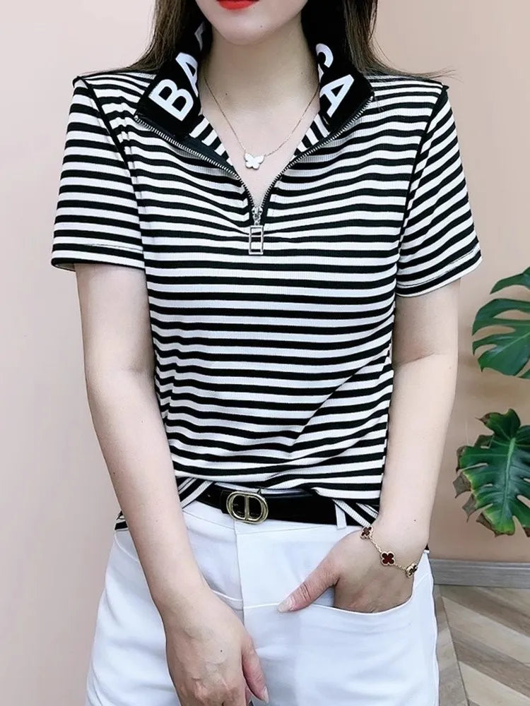 Slimming Short Sleeve Zipper T-Shirt Women's Korean Style Commute Fashion Mid-Year Mom Ladies Shirt Stand Collar Half Zipper