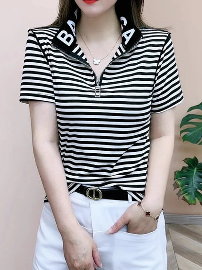 Slimming Short Sleeve Zipper T-Shirt Women's Korean Style Commute Fashion Mid-Year Mom Ladies Shirt Stand Collar Half Zipper