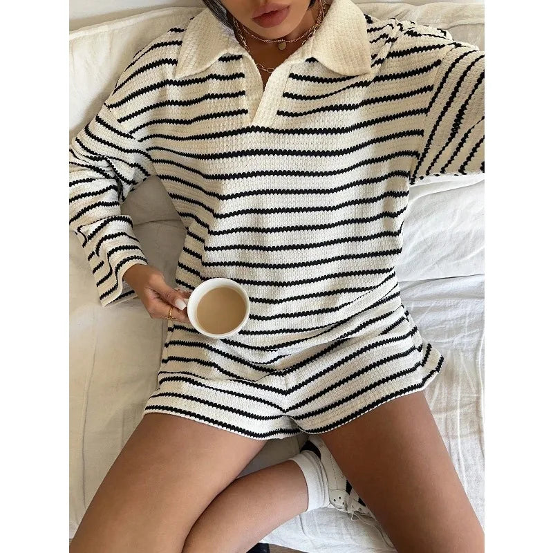 Women Striped Shorts Set Long Sleeve T-Shirt And Loose Casual Pants Breathable Two Piece Outfits For Summer Daily Loungewear