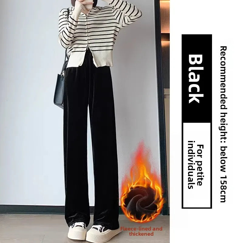 Slim Fit Velvet Wide Leg Pants Winter New Style plus Size Warm Fleece High Waist Elastic Korean Velvet Pants for Women