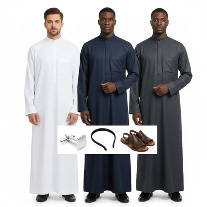 Middle East Arab Mens Robe Loose Fit Standing Collar Round Neck Traditional Islamic Clothing Long Kaftan