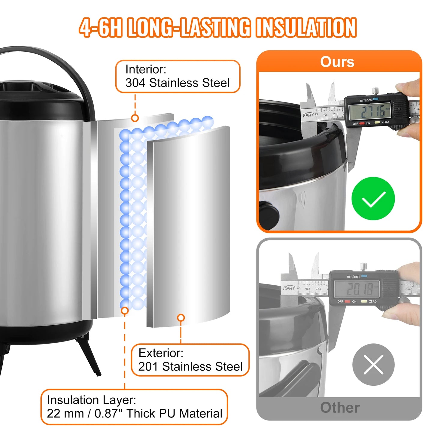 SucceBuy Stainless Steel Insulated Beverage Dispenser 2 Gallon 7.6 Liter Thermal Hot and Cold Drink Server Dispenser