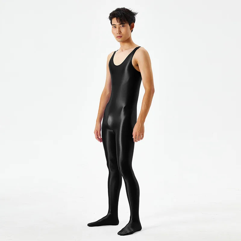 Sexy Body Shaper Jumpsuit Men Fitness Trimmer Sleeveless High Elastic Breathable Sheer Bodysuit With Bulge Pouch Slim Tights