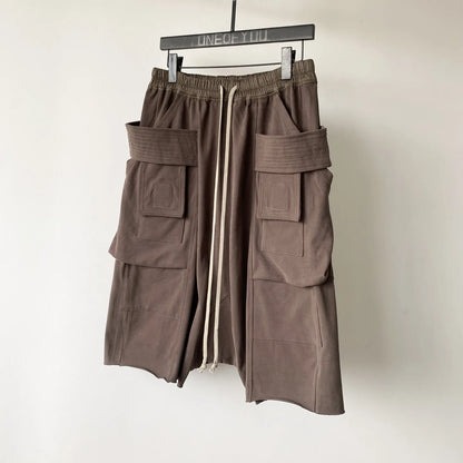 High Street RO Black Double Ring Workwear Shorts Men Multiple Pockets Frayed Edges Loose Crotch Five Quarter Pants