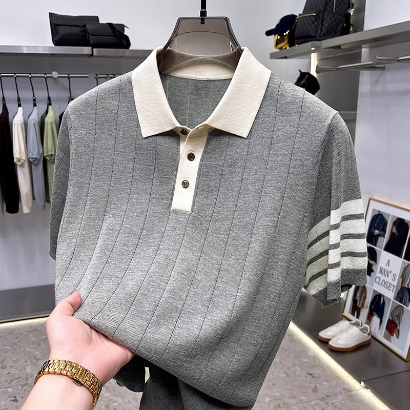 Quality Designer Brand Men Short-Sleeved Knitted Shirt Lapel Button Flax-Containing British Style Summer Leisure Men's Clothing